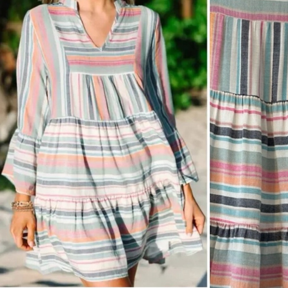 Entro Multicolor Striped Babydoll Mini Dress Size Small Boho Feminine Cotton